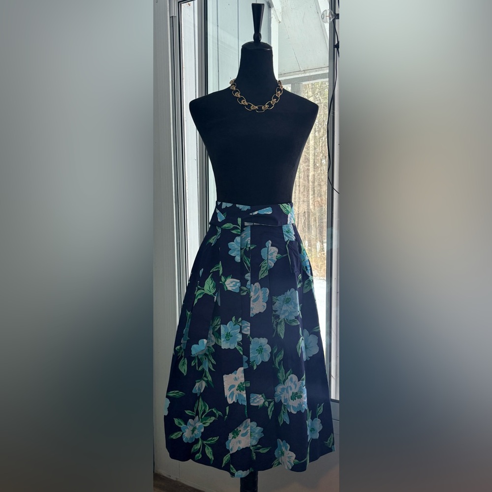 Talbots Navy and Aqua Floral A-Line Skirt